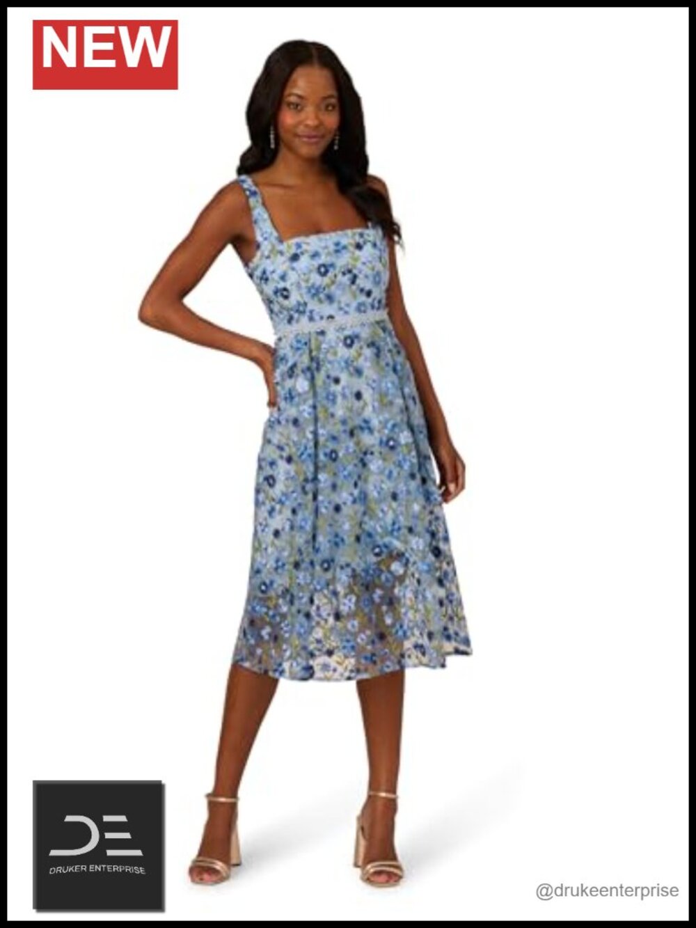 Floral Embroidery Midi Dress Square Neck Flutter Sleeve Cocktail Formal